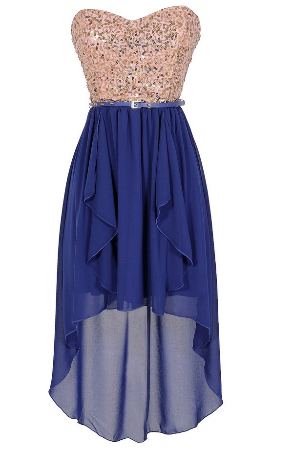 Moon and Stars Gold and Blue Belted Sequin High Low Dress